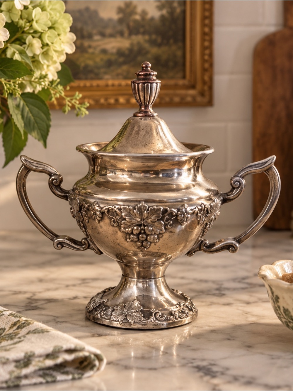 Vintage Silver Plate Lidded Sugar Bowl with Handles # 2902 Grapevine Design